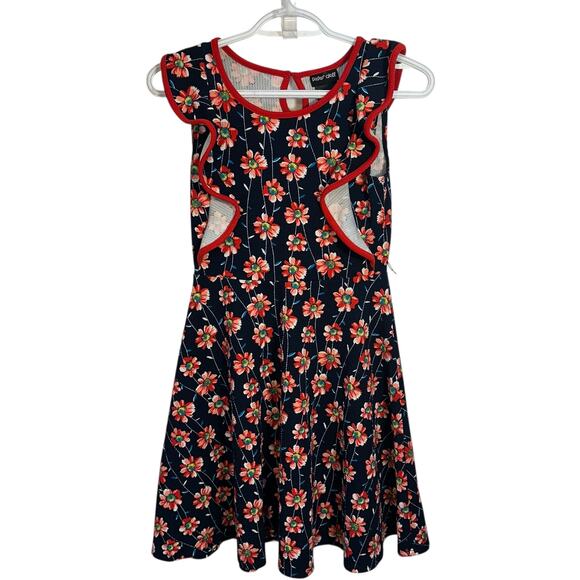 Retro Floral Ruffle Dress Girls SZ M Stretchy Navy Red Fit Flare Playful Mod - Picture 1 of 10